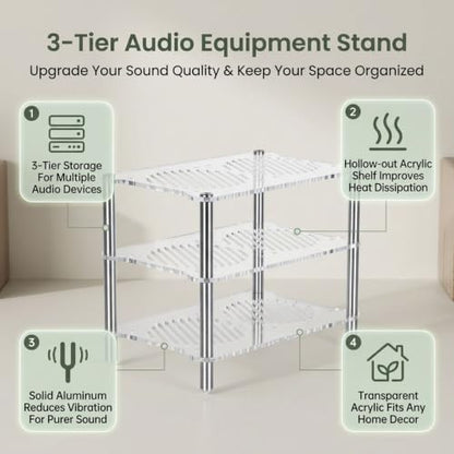 Stereo Stand, 3-Tier Desktop Open Audio Rack | Metal Frame, Cut-out Acrylic Shelf, Heat Dissipation Feature for Office Living Room