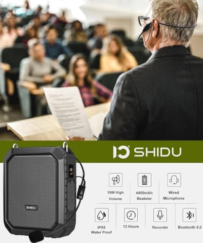 SHIDU Voice Amplifier for Teacher with Portable Microphone Waterproof | 18W Microphone with Speaker with Wired Mic Headset, IPX5 Waterproof Bluetooth Speaker Systems for Guide, Coach (NOT Wireless) - color: Black