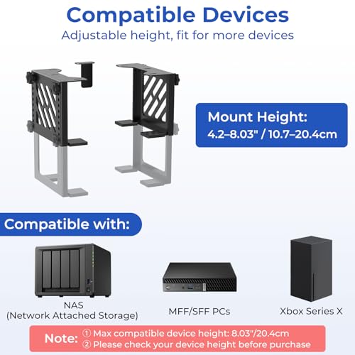 Metal Under Desk Mount for NAS Adjustable Mounting Bracket for Desktop NAS 1/2/4 Bay Network Attached Storage Under Desk Holder for NAS/Small PC/SFF Desktop Tower/CPU/UPS and More with Cable Ties