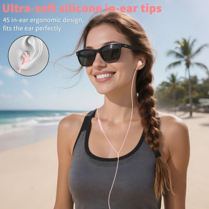 3.5mm Wired Headphones for Laptop School Kids Earbuds with Case Mic - color: Pink