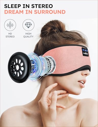 MUSICOZY Sleep Headphones Bluetooth 5.4 Sleep Eye Mask with HD Speakers | Soft Cotton Fabric, Flat Design, 14 Hours Playtime, Washable Headband Style for Side Sleepers, Travel Meditation Relaxation - color: Pink