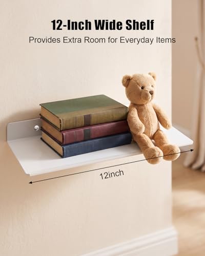 12" Floating Metal Wall Shelf 2-Pack, Router Shelf with Cable Hole | Wall Mount Floating Shelves for Speakers Books Plants Cameras WiFi Router, Home Office Bathroom Storage Organizer