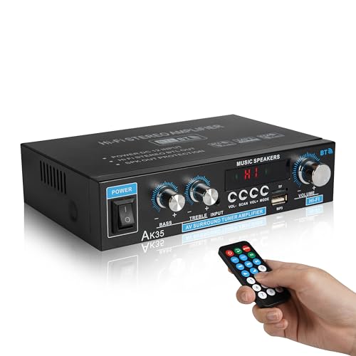 Stereo Amplifier AK35 Bluetooth 5.0 Receiver Home Audio 100Wx2 Dual Channel Speaker Amplifier with FM Radio, USB, SD Card Input for Home Theater Audio Stereo System with Remote Control