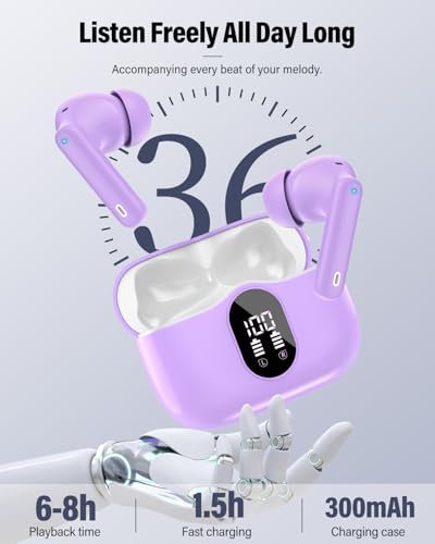 Wireless Earbuds, Bluetooth 5.4 Headphones Bass Stereo/Clear Calls, Purple | Ear Buds with Noise Cancelling Mic LED Display in Ear Earphones IP7 Waterproof 36H Bluetooth Earbuds for Phones/Sport/Laptop - color: Purple