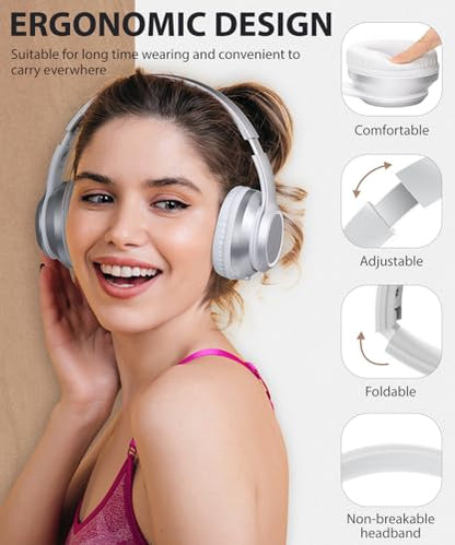 rockpapa E8 Over the Ear Bluetooth Headphones with Microphone for Kid Children Boy Girl Youth Teen Adult, Foldable Wired/Wireless Headphones with Mic, Include Travel Case, Silver - color: Silver, style: with Case