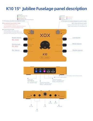 XOX K10 set live streaming audio interface,live sound card,audio mixer with wired microphone,monitor earphone and metal desktop microphone stand. (K10 S1 SET)