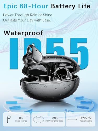 M31 Open Ear Earbuds Wireless Clip On Headphones, Lightweight 5g Fit Omni Tap Control Powerful Sound 68H Play Bluetooth 5.4 Dual Device Sync AI Clear Calls IPX5 Waterproof for Small Ears Sports Work - color: Black