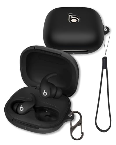 Case for Beats Powerbeats Fit Earbuds 2025 (Black) | Soft Silicone Protective Cover with Carabiner and Lanyard, Shockproof - color: Black
