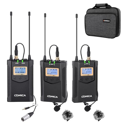 COMICA CVM-WM100PLUS UHF Wireless Lavalier Microphone for Camera Smartphone | 48 UHF Selectable Channel, Noise Cancellation, 160ft Stable Range, Dual Lapel Mic for YouTube TikTok Vlog Interview Stream
