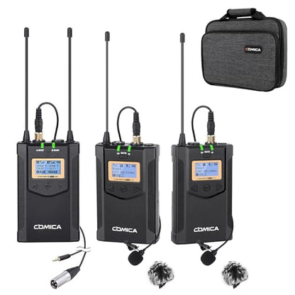 COMICA CVM-WM100PLUS UHF Wireless Lavalier Microphone for Camera Smartphone | 48 UHF Selectable Channel, Noise Cancellation, 160ft Stable Range, Dual Lapel Mic for YouTube TikTok Vlog Interview Stream