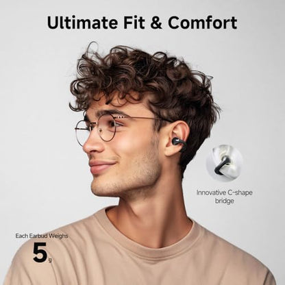 QCY Crossky C30 Open Ear Headphones Wireless Bluetooth, Clip-On Earbuds with 4 ENC Noise Cancelling Mic, Stable Fit, Dual Connection, EQ Customized, Sports Earphones for Workout/Running - color: Black