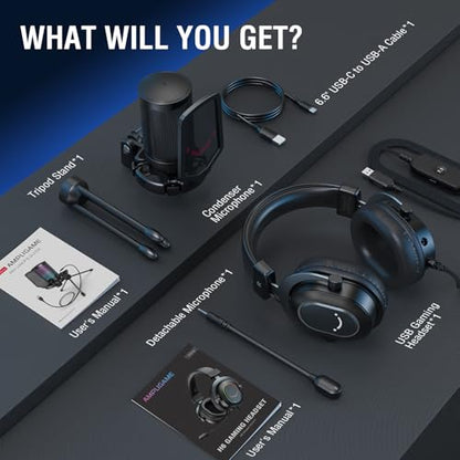 FIFINE Gaming USB Microphone with Headset Bundle for PS5, PC Condenser Mic with Quick Mute, RGB, Gain Control for Streaming, Wired Headphones with Microphone Set with EQ Mode, Soft Ear Pads (A6V+H6)