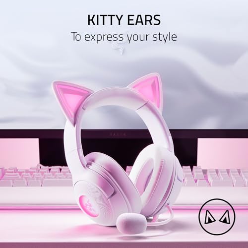 Razer Kraken Kitty V2 USB Wired Headset, Chroma RGB Kitty Ears, White | Stream Reactive Lighting, HyperClear Cardioid Mic, 40 mm Drivers, 7.1 Surround Sound, Comfortable Ear Cushions - color: White