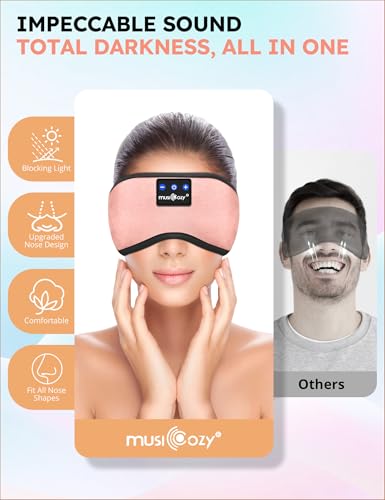 MUSICOZY Sleep Headphones Bluetooth 5.4 Sleep Eye Mask with HD Speakers | Soft Cotton Fabric, Flat Design, 14 Hours Playtime, Washable Headband Style for Side Sleepers, Travel Meditation Relaxation - color: Pink