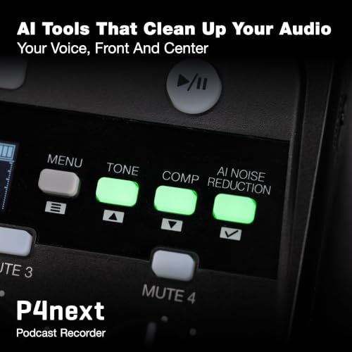 Zoom PodTrak P4next Podcast Recorder with 4 Inputs + AI Noise Reduction | 4 Mic Inputs, 4 Headphone Outputs, Sound Pads, Phone Input, USB Audio Interface, Battery Powered for Podcasting