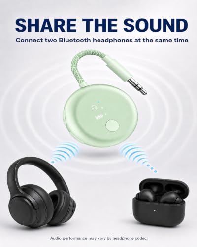 Avantree SoundJet R1 - Airplane Bluetooth Adapter for AirPods, 25H | Qualcomm aptX Adaptive & HD, dual-headphone pairing, 25-hour battery, USB-C charging, and single/dual airline plugs - color: 4. Green