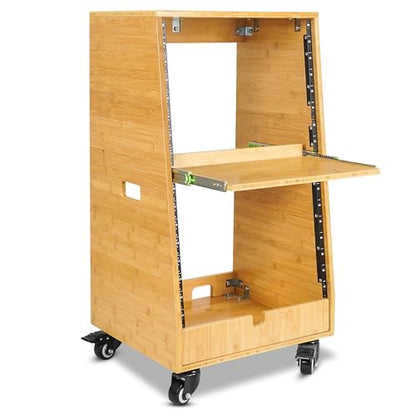 Sound Town DIY Slanted 16U Studio Rack (8U Top + 8U Lower) with Slide-Out Tray, 2U Bottom Storage & Casters, Solid Carbonized Bamboo Audio Equipment Rack for Recording Room & Home Studio (STBR-ST16T) - size: 16U(8U Top + 8U Lower),Carbonized Bamboo