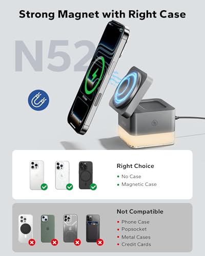for iPhone Nightstand Charging Station, 15W 3 in 1 Wireless Phone Charger Stand with Night Lamp, Charging Dock for MagSafe, Foldable Cube, for iPhone 17/16/15/14/13/12, iWatch/AirPods, Gray - color: Gray