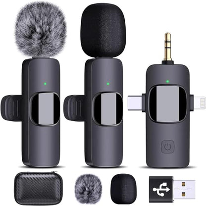 AMOOX Wireless Lavalier Microphone for iPhone Camera Live Streaming, Vlogging, Cordless Omnidirectional Clip Mic, Plug-Play Microphone for Interview Video Podcast Vlog YouTube - style: Three in One Set