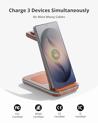 3 in 1 Wireless Charger for Samsung: JoyGeek Charging Station for S26/S25/S24/S23/S22/S21/S20/Note20/Z Fold&Flip, Galaxy Watch8/7/6/5/4/3/Active2/1, Buds 3 Pro - color: Woodgrain