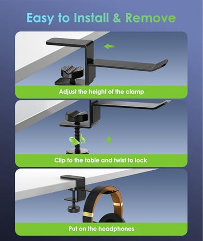 6amLifestyle Headphone Headset Holder Hanger, Universal Metal Gaming Headphones Stand Mount Under Desk Hook Clip with Adjustable Clamp for All Headsets, Black
