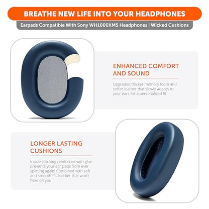 WC PadZ XM5 - Premium Replacement Earpads Compatible with Sony WH-1000XM5 | Made by Wicked Cushions | Soft PU Leather, Extra Thick, Noise-Isolating Memory Foam | Blue - color: Blue