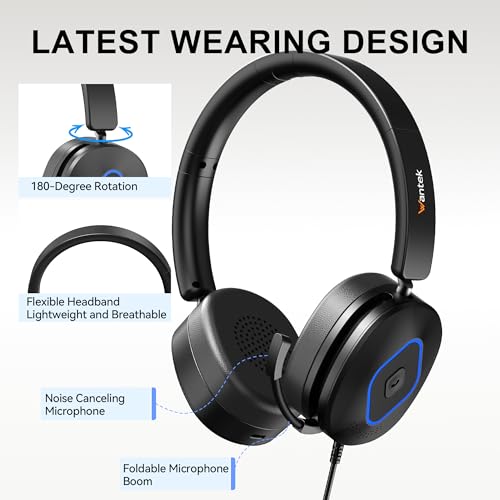 Wantek Headset with Mic, USB Headset with Microphone for PC | Computer Headset with Noise Canceling Mic, Mute & Volume Controls for Work, Zoom, Teams, Online Meetings, Home Office - color: Dark black