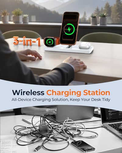 Foldable 3-in-1 Wireless Charging Station for Apple Magsafe Charger Stand, Travel-Friendly Fast Magnetic Wireless Charger Station for iPhone 17/16/15/14/13/12, Apple Watch & AirPods Series, White - color: White