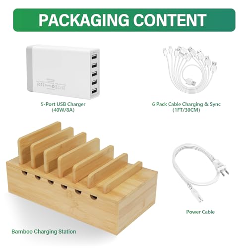 Bamboo Charging Station Organizer, Multi-Device Charging Dock with Cable Management, Phone Tablet Stand for Home Office, 5-Port USB Charger & 6 Cables Included