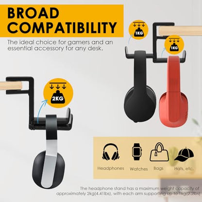 Headphone Holder Under Desk, Dual Headphone Stand Hanger 360 Degree Rotating Headset Holder Under Desk, Clamp On Earphone Organizer for 0.35 to 1.65 inch Thick Table
