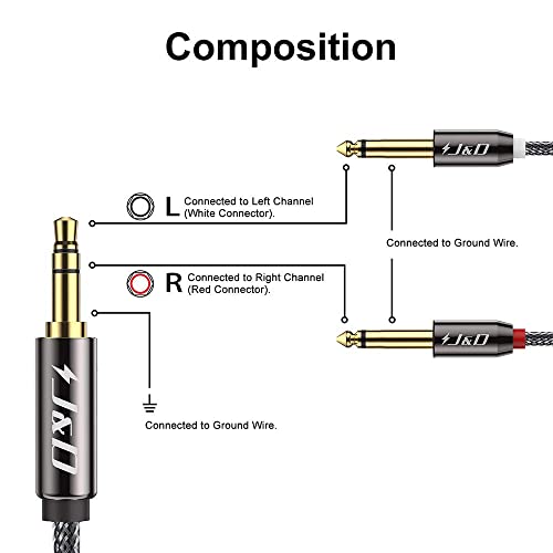 J&D 1/8 to 1/4 Stereo Cable, 3.5mm TRS to Dual 6.35mm TS Breakout Cable Y Splitter Cord for Amplifiers/Audio Mixer/Audio Recorder/MP3/MP4, Nylon Braid, Gold Plated Copper Shell, 2 Feet - size: 2 Feet