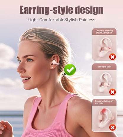 King Lucky i21 Open Ear Clip On Earbuds Wireless Bluetooth Ear Clip Headphones with Mic,Noise Cancelling, Waterproof IPX4,for Small Ears,Perfect for Running,Sports,Glasses Wearers (Pink) - color: Pink