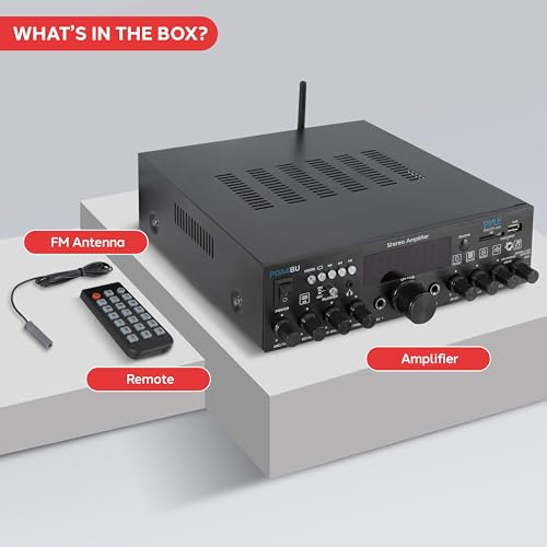 Wireless Bluetooth Home Stereo Amplifier - Multi-Channel 200W Power Amplifier Home Audio Receiver System w/Optical/Phono/Coaxial, FM Radio, USB/SD,AUX,RCA, Mic in - Antenna, Remote - Pyle PDA4BU - color: Deep Black