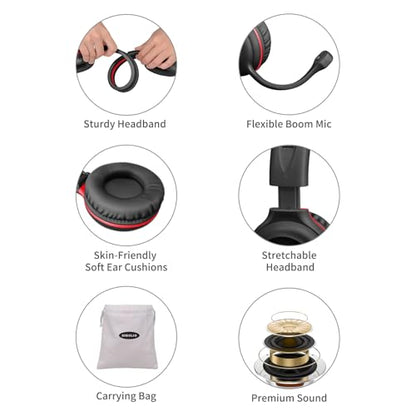 SIMOLIO Wired Headphones for School with Microphone, Stereo Kids Headphone with Flexible Swivel Boom Mic for Student K12 & Teacher & E-Learning, 3 Levels Volume Limiter Gaming Headsets for Boys, Girls - color: Black