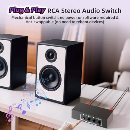 4-Way RCA L/R & 3.5mm Stereo Audio Switcher Bi-Directional Switch Selector | 4 in 1 out passive a/b Analog Stereo Audio Switcher Selector 1 in 4 out Audio Splitter Only one output plays at a time