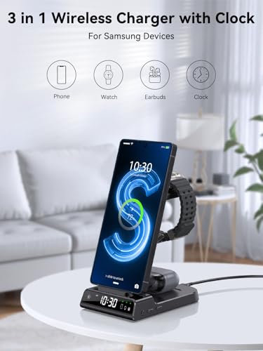 Wireless Charger for Samsung S25 with Clock 3 in 1 Android Charging Station | Charging Station for Galaxy S25 Ultra,Z Flip 7,Fold,Galaxy Bud,Watch Charger for Galaxy Watch 8,7,6,5Pro, Nightstand Charger - color: Black
