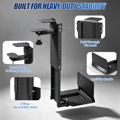 Adjustable Under Desk PC Mount, Heavy Duty No Drilling Clamp Mount on Desk Fits Most PC Tower 14.5”-22.4” (H) , Thickened & Ultra Strong CPU Holder for Standing Desk & Home Office, Black - color: Black