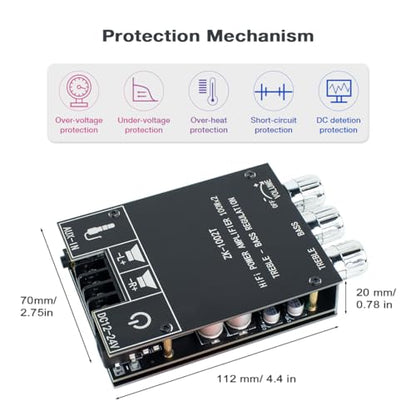 ZK-1002T 2x100W Bluetooth 5.0 Amplifier Board, TPA3116D2 2 Channel Stereo Audio Amp Module with Bass and Treble Control, DC 12V-24V Power Amplifier for DIY Home Passive Speakers - style: ZK-1002T