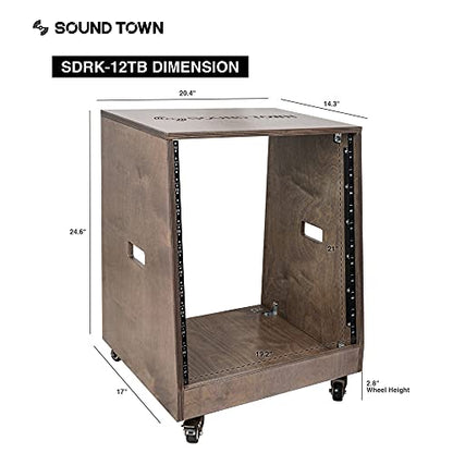 Sound Town DIY Solid Baltic Birch Plywood Slanted 12U Studio Rack, Weathered Brown, Rubber Feet, Casters (SDRK-12TB) - size: 12U,Weathered Brown