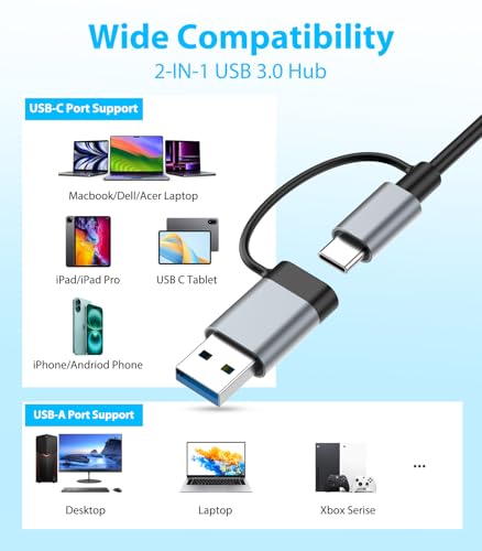 USB C Hub USB Hub 3.0 for Laptop, Upgrade 8 in 2 USB Splitter with USB-C/4 USB A Port Extender, TF/SD Card Slot, 3.5mm Audio Adapter, USBC USB Dongle for PC/Mac/MacBook/Laptop/iPad/Tablet - size: 8-IN-2