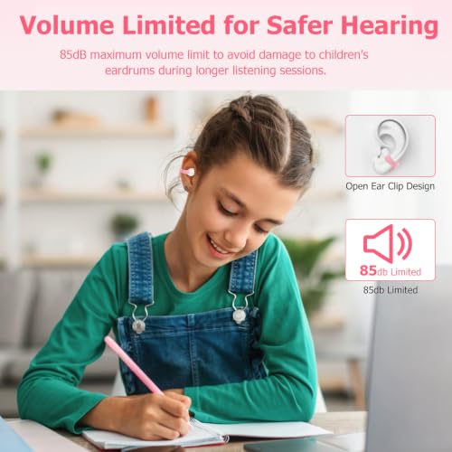 iDIGMALL Kids Wireless Earbuds, Open Ear Clip On Headphones for Teen, Pink | 85dB Volume Limit, 20 Hours Charging Case, Bluetooth 5.4, Built-in Mic, For Teens Child Girls Boys Home School Travel Sports - color: Pink