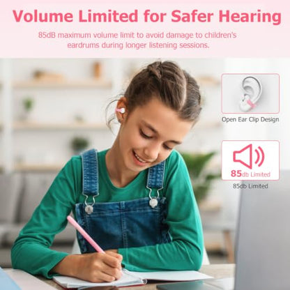 iDIGMALL Kids Wireless Earbuds, Open Ear Clip On Headphones for Teen, Pink | 85dB Volume Limit, 20 Hours Charging Case, Bluetooth 5.4, Built-in Mic, For Teens Child Girls Boys Home School Travel Sports - color: Pink