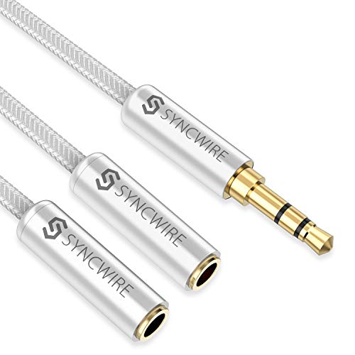 SYNCWIRE Headphone Splitter, 3.5mm Male to 2 Female Y Cable, Silver | Nylon-braided Extension Cable Audio Y Splitter (Hi-Fi Sound), Headset Splitter for Apple, Samsung, Tablets & More (No Mic) - color: Silver