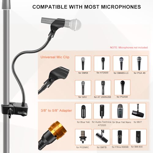 Microphone Stand, Versatile Mic Arm for Desk Pole Tripod, Gooseneck Mic Stand Desk Mount with Super Clamp Mic holder and 3/8" to 5/8" Adapter, Fits for Blue Snowball and Other Microphones (21 Inch) - size: 21 Inch