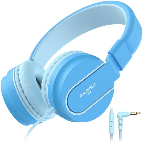 AILIHEN I35 Kids Headphones for School with Mic, 93dB Safe Volume, Lakeblue | Wired On Ear Headphones for Girls Boys, 3.5mm Foldable Lightweight for Classroom Chromebook, Laptop, Computer, Tablet - color: Lagoon Blue