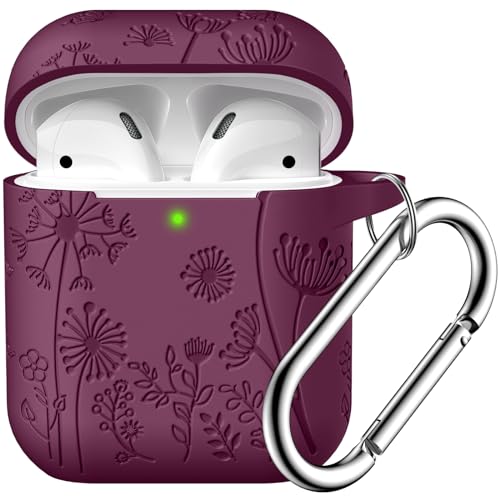 Lerobo for AirPod Case 2nd/1st Generation with Keychain | Flower Engraved Soft Silicone Cover for AirPods 2 Case, Wireless Charging, Shockproof, One-piece Design, Easy to Clean - color: Purplish Red