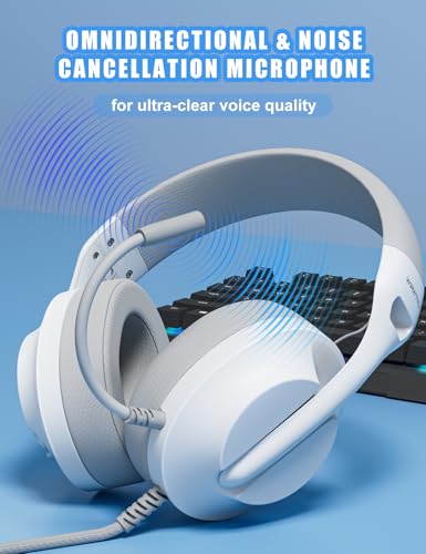 WIRWTRU Wired Gaming Headset for PS5, Xbox, Xbox Series X|S, PC, PS4 | 198g Lightweight Design, Noise Cancelling Microphone, Soft Earmuffs, 3.5mm Jack for Gaming & Work - color: White&Grey