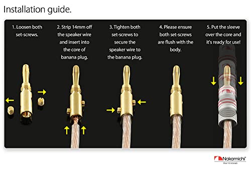 Nakamichi GrubLock Excel Series 24k Gold Plated Banana Plugs, 10-18 AWG | Gauge Size 4mm for Speakers Amplifier Hi-Fi AV Receiver Stereo Audio Wire Cable Screw Connector, 10 Pcs (5-Pairs) - size: 10 Pcs (5-Pairs)