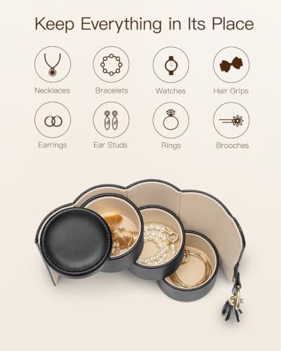 VLANDO Travel Jewelry Organizer, 3 Tier Roll Up Design, Hard Shell Storage | Stepped Sections Compartments Keep Jewelry Visible, Soft Lining Protect Pieces, Snap Closure, Travel Gift for Women Girl - color: A.Black