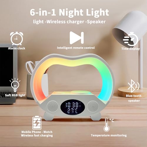 IHAO 6in1 Multi Functional Wireless Charger Bluetooth Speaker Time&Temperature Display Alarm Clock 7-Color LED Night Lights Fast Charger for Phone Apple Watch Earbuds Remote Control-White - color: Wireless Charger Alarm Clock Zs932 White